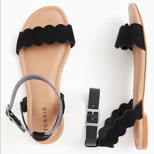 Faux Suede Black Scalloped Sandals